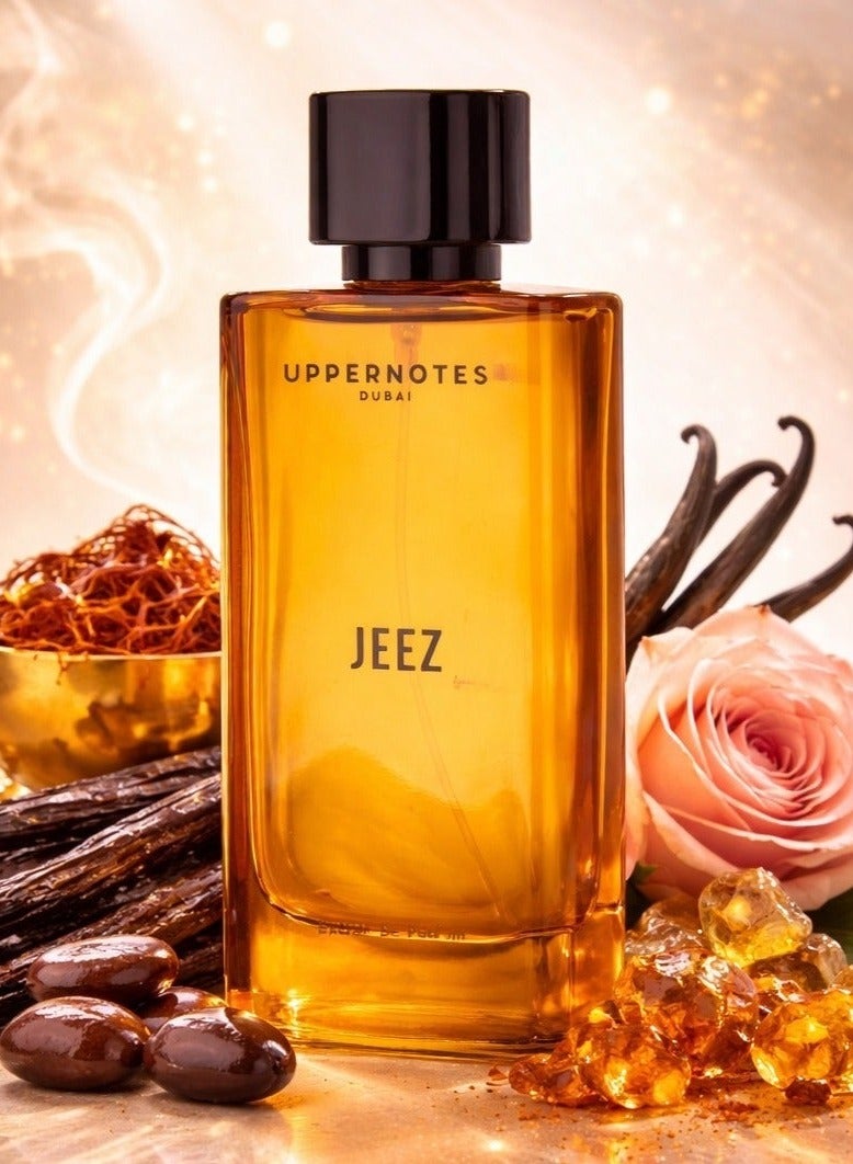 UpperNotes Jeez Extrait De Parfum Unisex 80ml | Saffron Oud Bulgarian Rose Amber Tonka | Ultra Sweet Arabian Long Lasting Fragrance UAE - Image 1