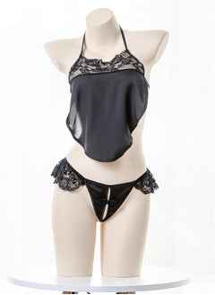 Joychic Women Retro Bowknot Suspender Bellyband Lingerie Set Black  - Image 2