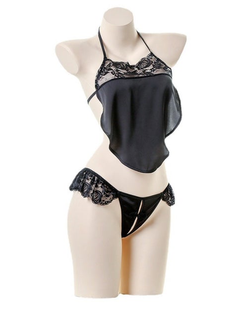 Women Retro Bowknot Suspender Bellyband Lingerie Set Black