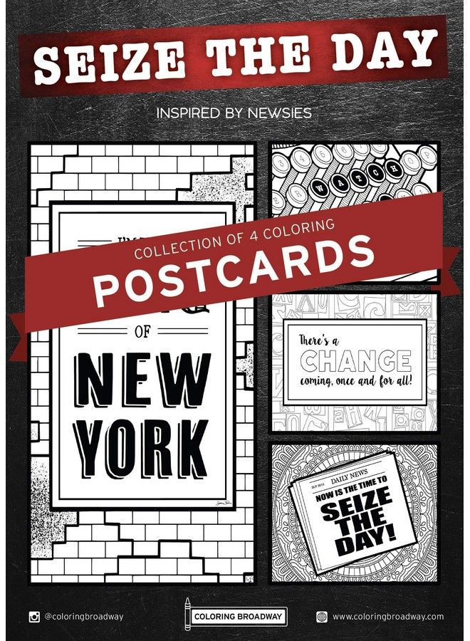 Coloring Broadway Newsies ; “Seize The Day” Collection ; Coloring Postcards Handdrawn Illustrations Printed On Matte Card Stock (5" X 7") Set Of 4 Individual Postcards - Image 1