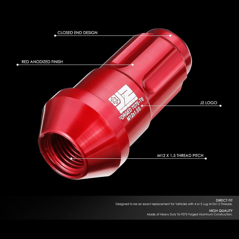 J2 Engineering M12 x 1.5 T6-7075 Aluminum 50mm Closed End Lug Nuts with Deep Drive Extension Adapter - Red - Image 2