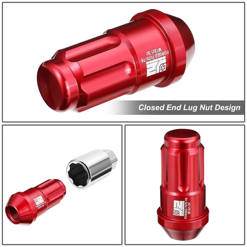 J2 Engineering M12 x 1.5 T6-7075 Aluminum 50mm Closed End Lug Nuts with Deep Drive Extension Adapter - Red - Image 5