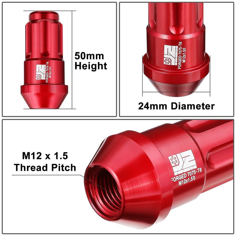 J2 Engineering M12 x 1.5 T6-7075 Aluminum 50mm Closed End Lug Nuts with Deep Drive Extension Adapter - Red - Image 4