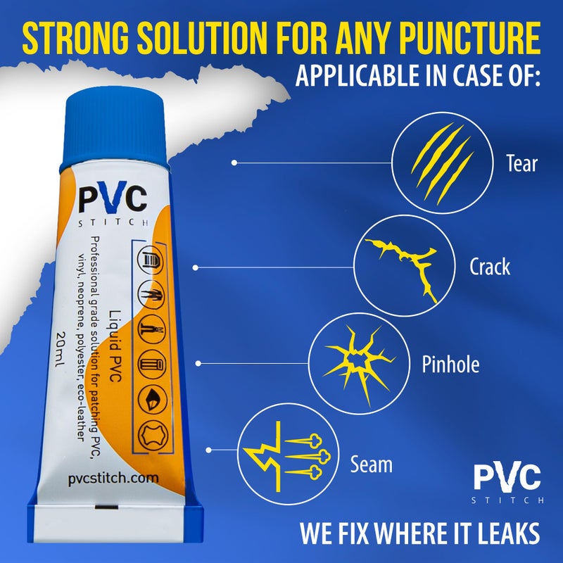 PVC Stitch طقم إصلاح سائل أكوا برو المقاوم للماء لقوارب PVC القابلة للنفخ، والزوارق، وISUPs، وألواح التجديف، وحمامات السباحة فوق الأرض، وحمامات المياه الساخنة، والمعدات تحت الماء (ختم + حبل) - Image 2