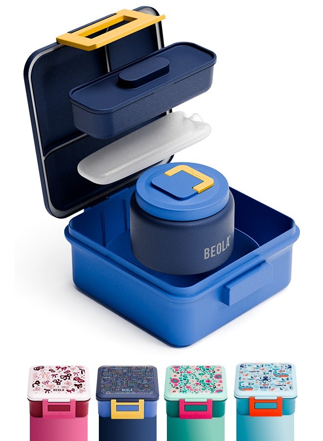 BEOLA Lunch Box for Kids with Food Jar Inside, Multi Compartment Bento Lunch Box with 240ml Food Thermos and Ice Pack, Tiffin Box for Kids with Insulated Steel Jar, Lightweight BPA free (Pixel Play) - Image 1