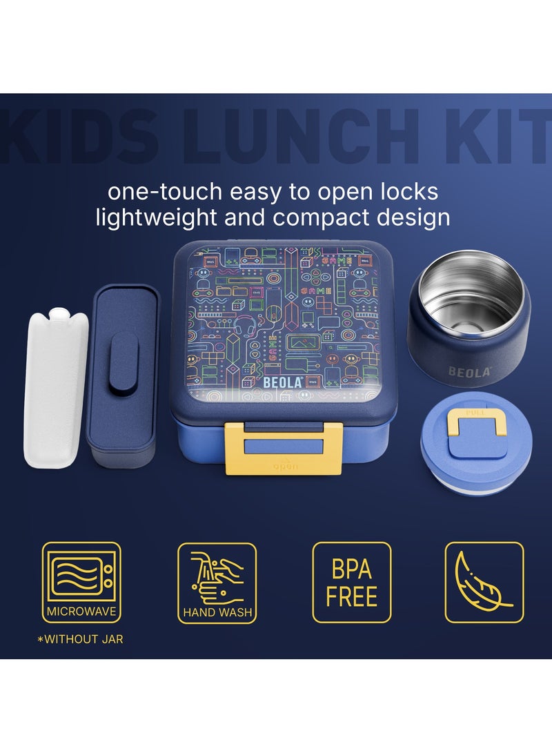 BEOLA Lunch Box for Kids with Food Jar Inside, Multi Compartment Bento Lunch Box with 240ml Food Thermos and Ice Pack, Tiffin Box for Kids with Insulated Steel Jar, Lightweight BPA free (Pixel Play) - Image 3