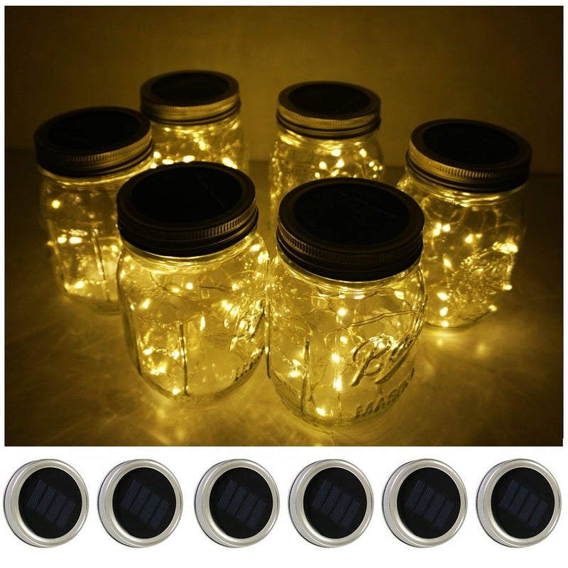 Decorman Solar Mason Jar Lid Lights 6 Pack 20 LED Waterproof String Fairy Star Firefly Jar Lids Lights for Patio Garden Yard Lawn Party Wedding Christmas DecorationJars  Hangers Not Included