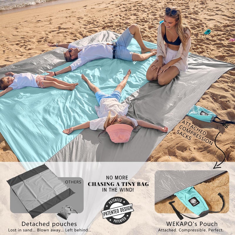 WEKAPO Beach Blanket Sandproof Waterproof, Extra Large Beach Mat, Oversized & Compact Sand Free, Quick Drying Beach Essentials for Vacation, Cruise, Picnic & Camping with Stakes (Grey, 7x7 FT) - Image 3