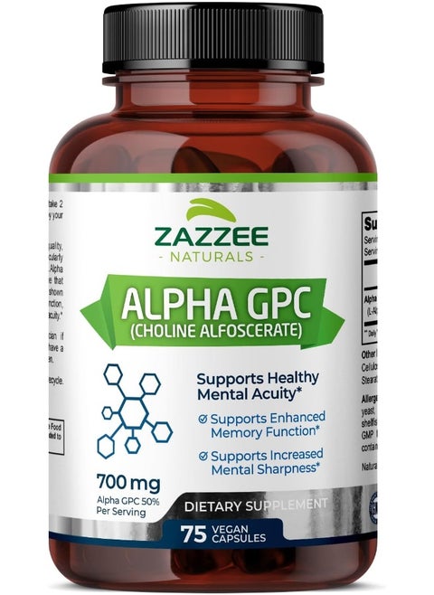 Zazzee Alpha GPC Choline 600 mg per Serving, 75 Count, Vegan, Support for Overall Brain Function, Memory, Focus and Concentration