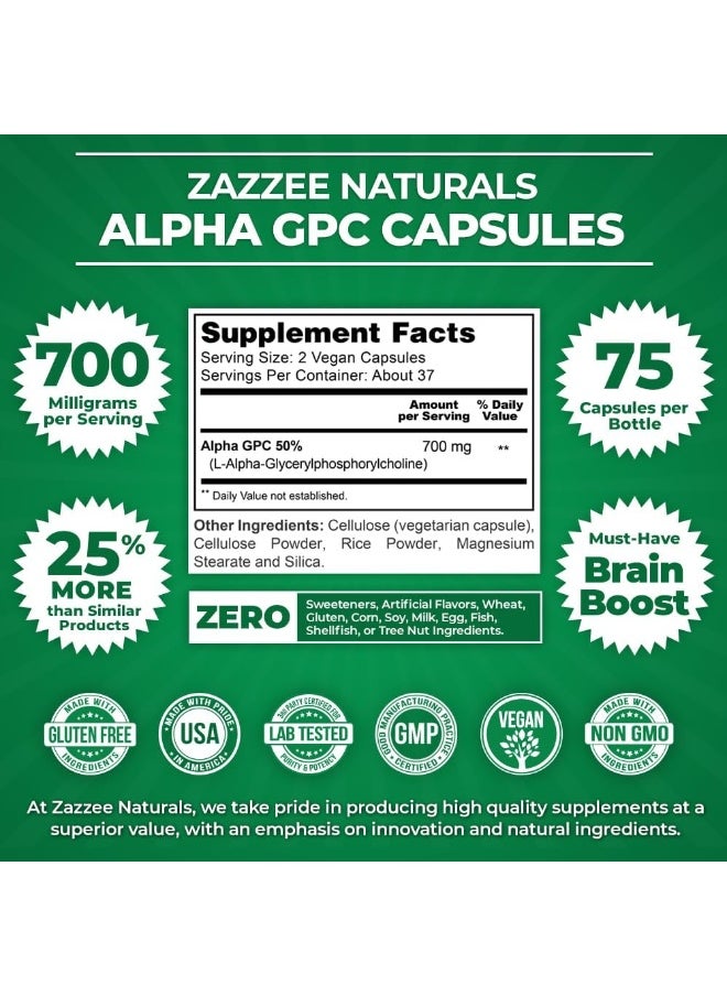 Zazzee - Zazzee Alpha GPC Choline 600 mg per Serving, 75 Count, Vegan, Support for Overall Brain Function, Memory, Focus and Concentration - Image 1