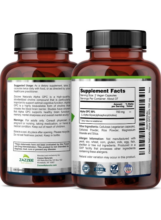 Zazzee - Zazzee Alpha GPC Choline 600 mg per Serving, 75 Count, Vegan, Support for Overall Brain Function, Memory, Focus and Concentration - Image 1