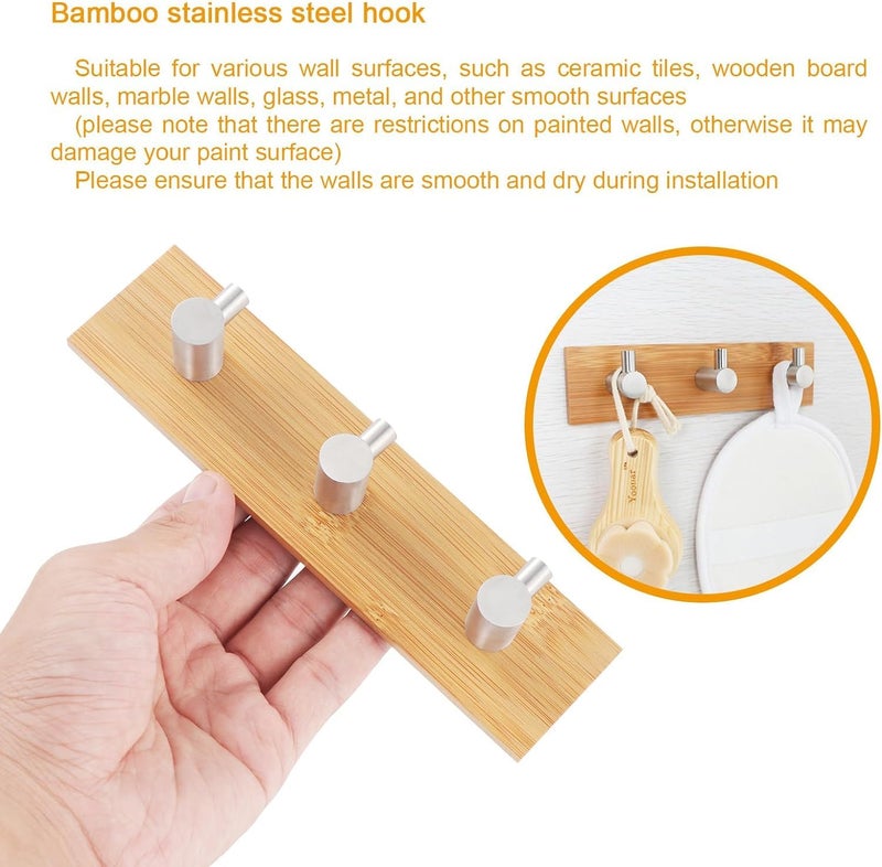DORMICO Stainless Steel Hooks, Bamboo Towel Hooks, Waterproof Adhesive Hooks Wood, Self Adhesive Hooks Holder with Wood for Bathroom, Toilet, Kitchen, Bedroom Triple Hook,Pack of 1 - Image 4