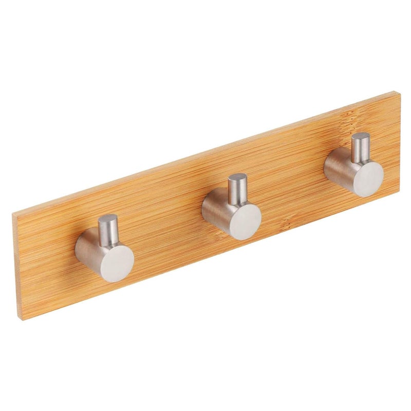 DORMICO Stainless Steel Hooks, Bamboo Towel Hooks, Waterproof Adhesive Hooks Wood, Self Adhesive Hooks Holder with Wood for Bathroom, Toilet, Kitchen, Bedroom Triple Hook,Pack of 1 - Image 1