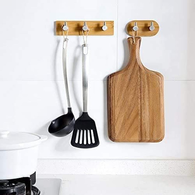 DORMICO Stainless Steel Hooks, Bamboo Towel Hooks, Waterproof Adhesive Hooks Wood, Self Adhesive Hooks Holder with Wood for Bathroom, Toilet, Kitchen, Bedroom Triple Hook,Pack of 1 - Image 3