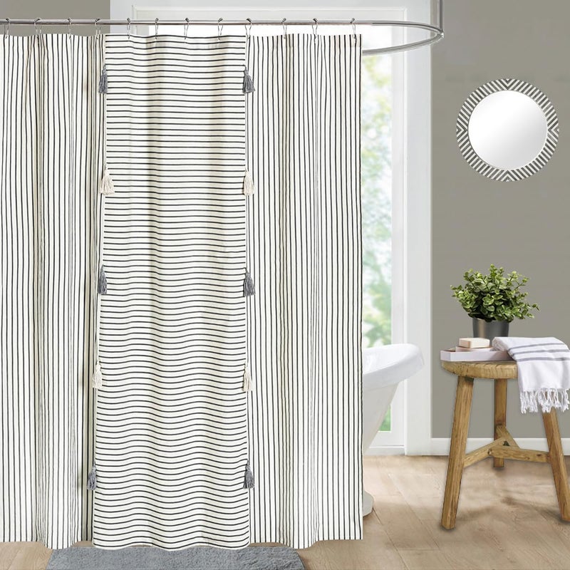 DOSLY IDES Gray and Beige Stripe Patchwork Cotton Fabric Tassel Shower Curtain for BathroomFarmhouseCountry Rustic and Cute Style72 x 72 in