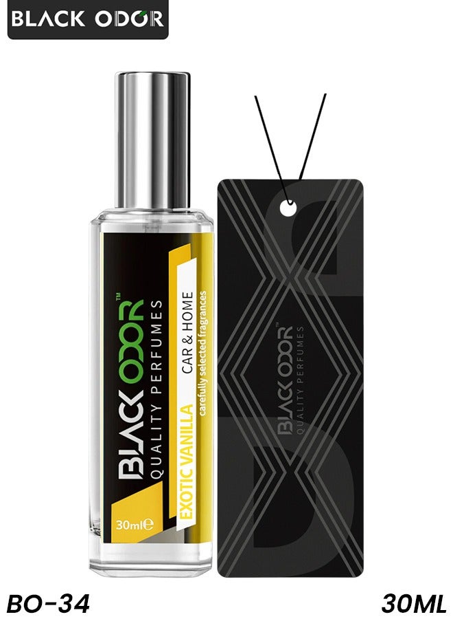 BLACK ODOR Exotic Vanilla Car & Home Perfume Spray 30ml BO-34 – Long Lasting Air Freshener with Hanging Tag, 100% Natural Essential Oils, Alcohol Free, Eco Friendly, for Car, SUV, Sedan, Living Room, Office & Gym - Image 1