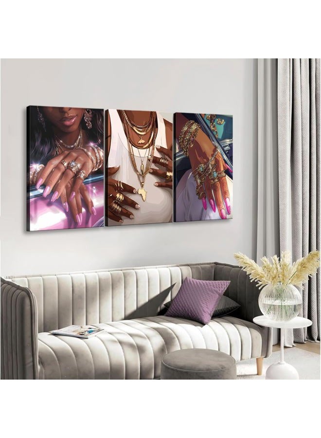 NCYEL 3Pcs Framed Black Girl Wall Art Fashionable Canvas Print Luxurious Sparkling Picture Gold Jewelry Decoration Printmaking Poster Bedroom Living Room Salon Fashionable Aesthetic Art Pieces - Image 5