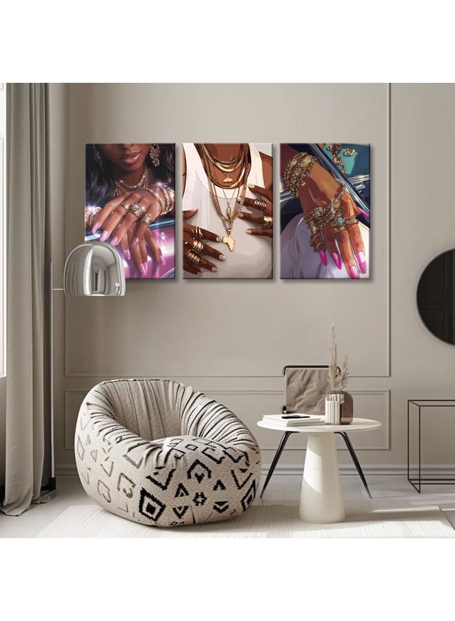 NCYEL 3Pcs Framed Black Girl Wall Art Fashionable Canvas Print Luxurious Sparkling Picture Gold Jewelry Decoration Printmaking Poster Bedroom Living Room Salon Fashionable Aesthetic Art Pieces - Image 3