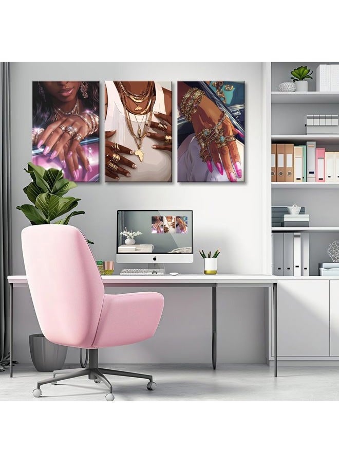 NCYEL 3Pcs Framed Black Girl Wall Art Fashionable Canvas Print Luxurious Sparkling Picture Gold Jewelry Decoration Printmaking Poster Bedroom Living Room Salon Fashionable Aesthetic Art Pieces - Image 4