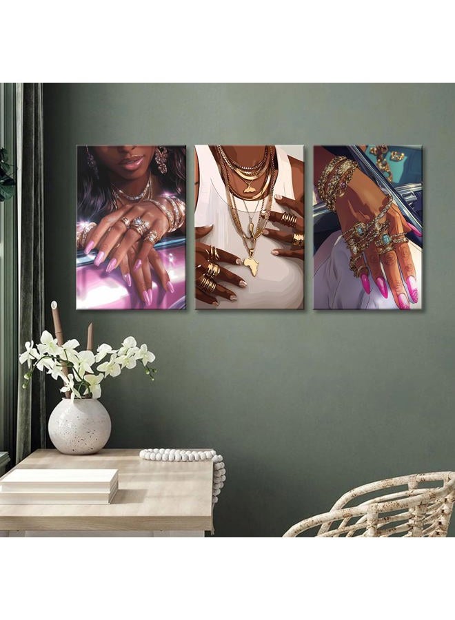 NCYEL 3Pcs Framed Black Girl Wall Art Fashionable Canvas Print Luxurious Sparkling Picture Gold Jewelry Decoration Printmaking Poster Bedroom Living Room Salon Fashionable Aesthetic Art Pieces - Image 2