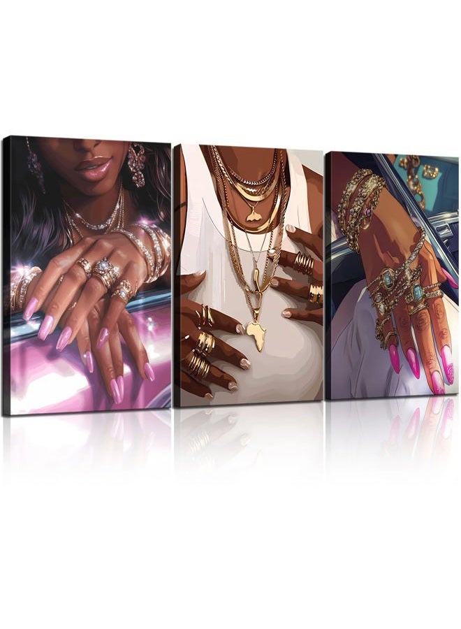 NCYEL 3Pcs Framed Black Girl Wall Art Fashionable Canvas Print Luxurious Sparkling Picture Gold Jewelry Decoration Printmaking Poster Bedroom Living Room Salon Fashionable Aesthetic Art Pieces - Image 1