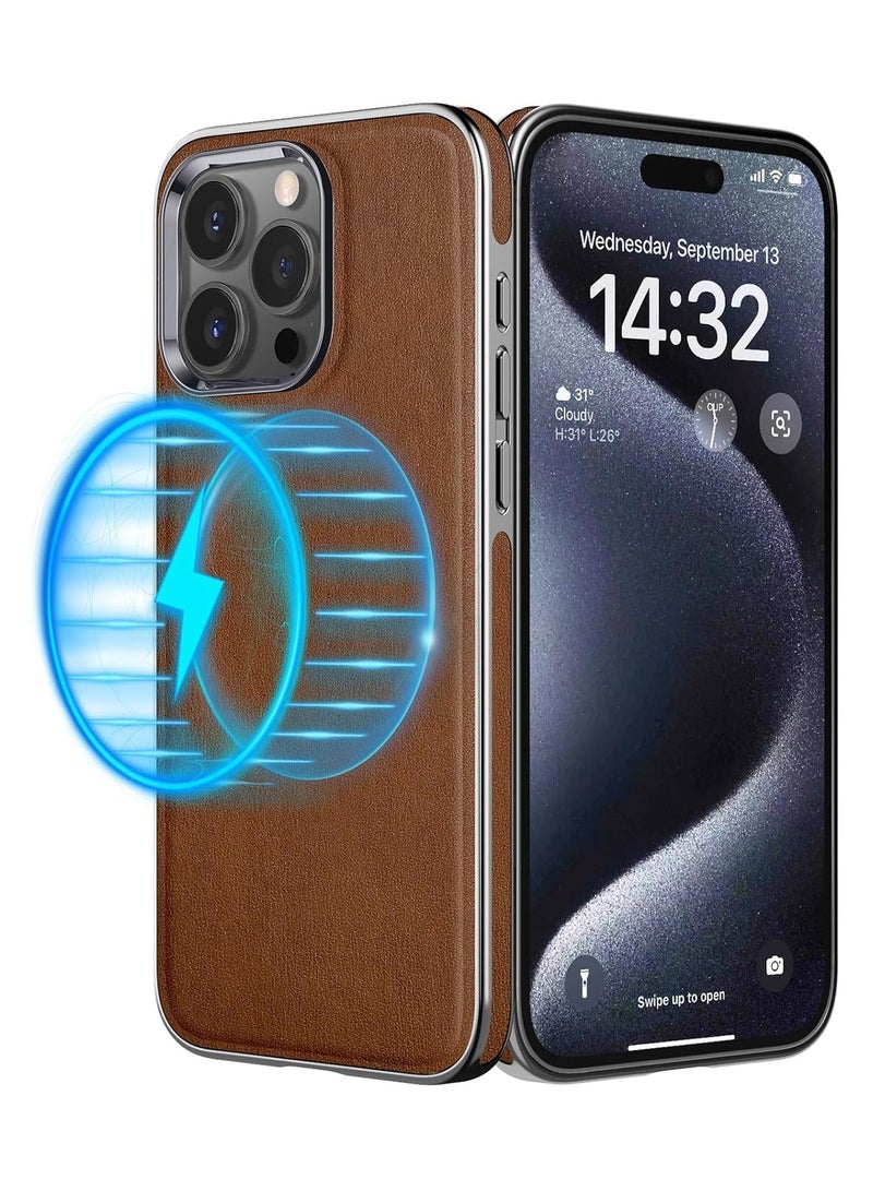 حافظة iPhone 16 Pro Max، متوافقة مع جلد Ma-g-s-afe الفاخر مع بطانة من الألياف الدقيقة وغطاء كلاسيكي للأعمال وقبضة ناعمة ومضادة للصدمات (بني، iPhone 16 Pro Max) - Image 1