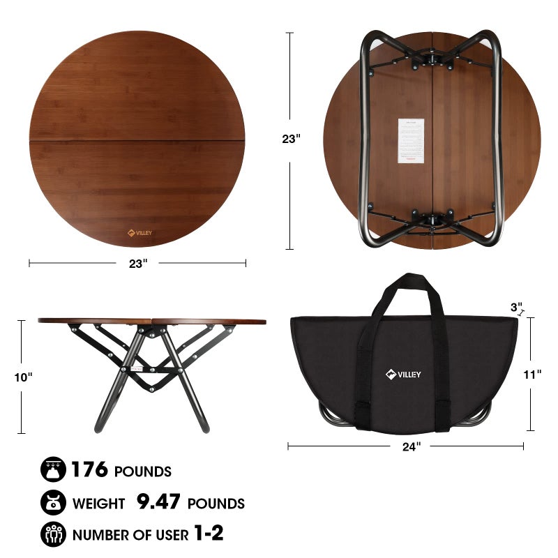 VILLEY Bamboo Round Folding Table, Camping Half-fold Portable Table with Carrying Bag for Indoor & Outdoor Picnic Coffee Barbecue Beach Card Game - Image 3