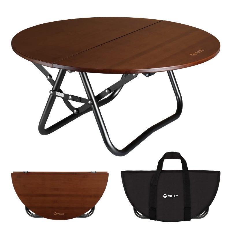 VILLEY Bamboo Round Folding Table, Camping Half-fold Portable Table with Carrying Bag for Indoor & Outdoor Picnic Coffee Barbecue Beach Card Game - Image 1