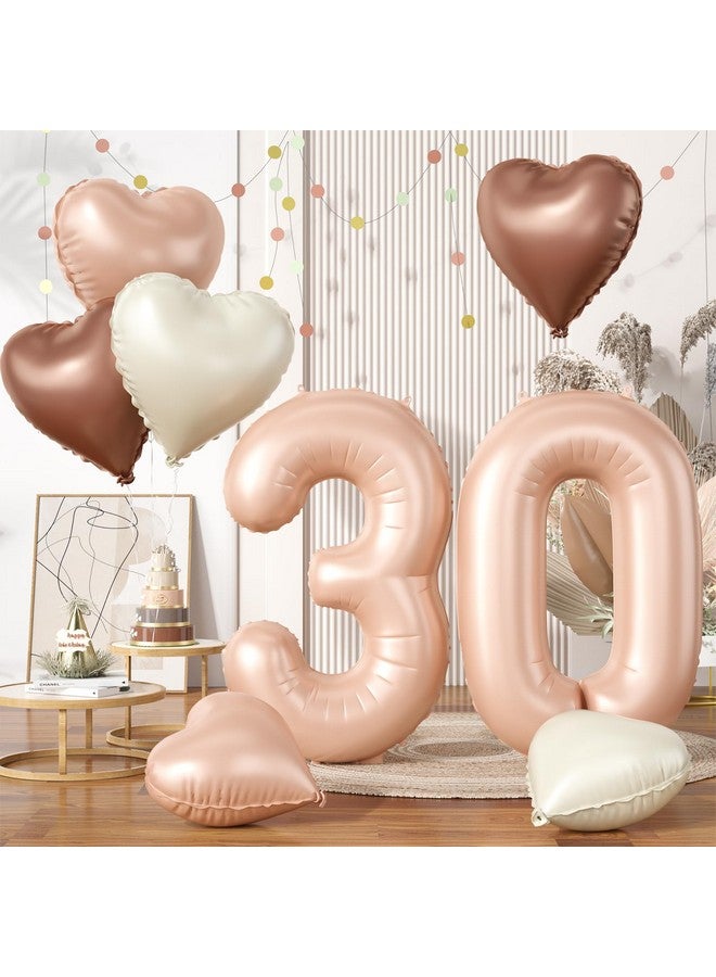 Biapian 40 Inch Light Brown Number 30 Balloons, 8Pcs Large Foil Number 3 & 0 Balloons With 18'' Nude Heart Balloon For 30Th Year Old Birthday Decorations Men Women Wedding Anniversary Party Supplies - Image 1