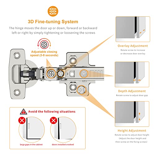 Chibery 10 Pack Frameless Inset Soft Close Concealed European Hinges, Self Closing Satin Nickel, 105 ° Open Angle 4D Adjustment, Speed Control, Clip On, Stainless Steel for Cabinet Door - Image 3