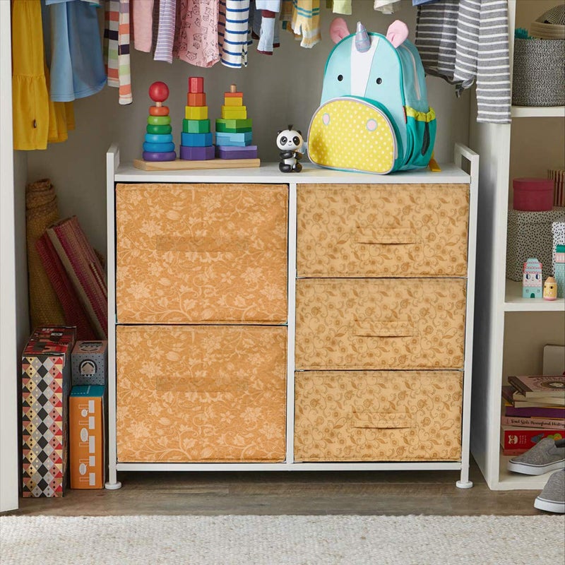 Kuber Industries Metalic Floral Print Non Woven Fabric 5Drawer Storage and Cloth Organizer Unit for Closet BeigeKUBMART1763 Standard - Image 2