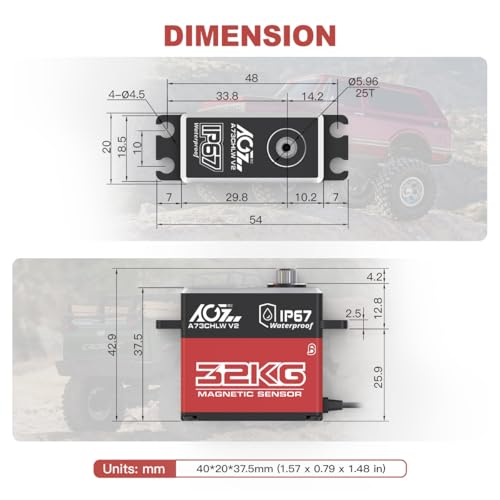 AGFRC 32KG IP67-Waterproof RC-Servo High-Torque - Full Metal Gear Coreless Steering Servo for 1/10 RC Car Boat Crawler, Control Angle 180° (A73CHLW V2) - Image 4