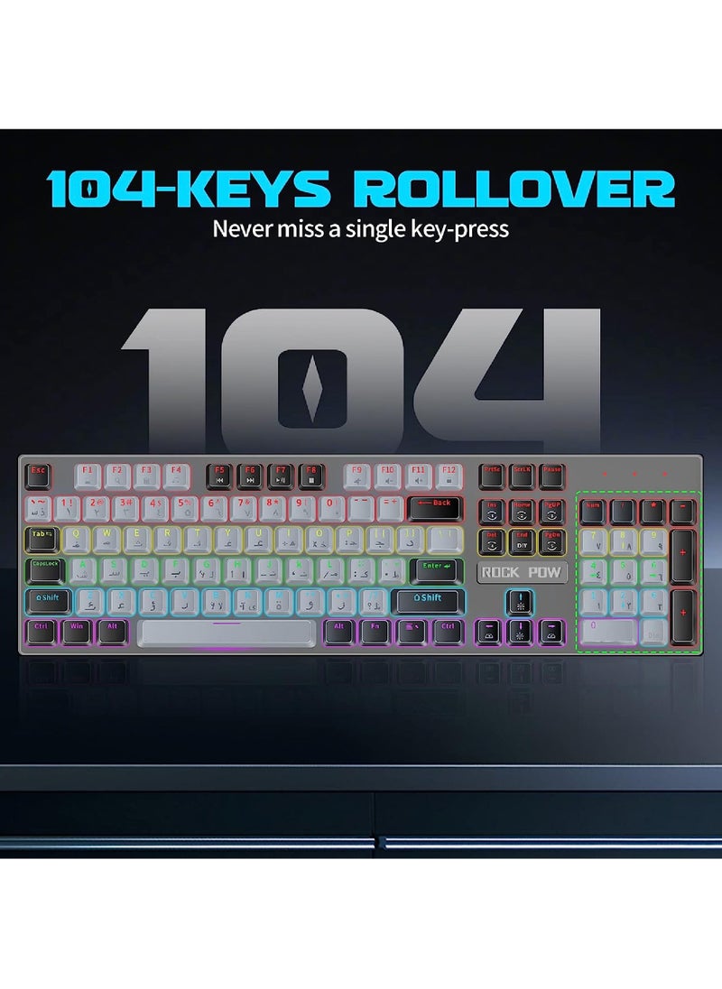 Arabic English Mechanical Gaming Keyboard with RGB LED Backlit 104 Keys USB Interface E-sport Waterproof Wired Keyboard for Windows/MacOS/Android PC Gamers