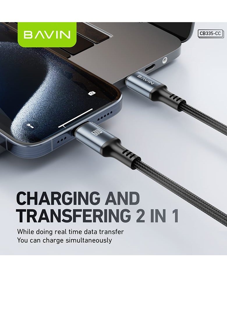 Bavin CB-335 Type C to Type C Charging Cable 60W Nylon Braided Compatible with All Type C Devices 1 Meter Length Black - Image 5