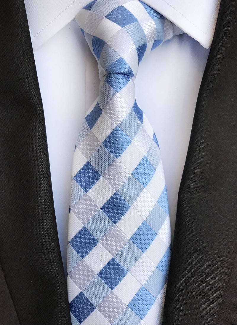 Secdtie Lot 6 Pcs Mens Ties Tartan Checks Jacquard Woven Silk Tie Long Formal Necktie, Light Blue and White, Yellow Blue, Grey Blue, Blue Orange, Blue, Grey Black - Image 5