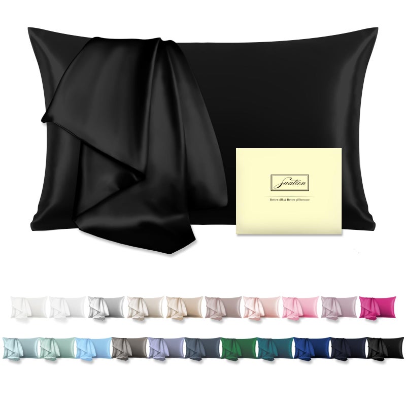 Suatien Mulberry Silk Pillowcase for Hair and Skin Standard Size 20"X 26" Pillow Case with Hidden Zipper Soft Breathable Smooth Cooling Silk Pillow Covers for Sleeping (Black,Standard,1Pcs) - Image 1