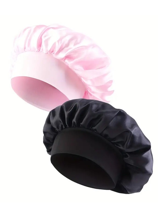 Goolsky 2pcs/set Solid Color Satin Bonnet Classic Elastic Sleeping Night Cap Soft Bath Shower Cap Imitation Silk Elastic Hair Bonnets For Women  - Image 1