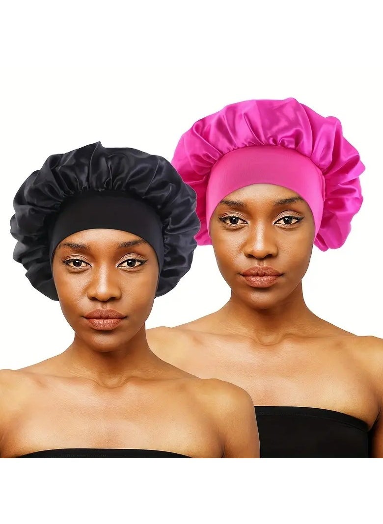 Goolsky 2pcs/set Solid Color Satin Bonnet Classic Elastic Sleeping Night Cap Soft Bath Shower Cap Imitation Silk Elastic Hair Bonnets For Women  - Image 2