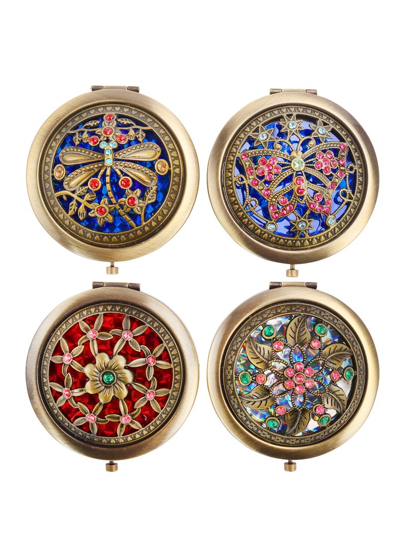 Rich Boxer Rich Boxer 4 Pcs Vintage Foldable Mirror Metal Vanity Mirror Travel Mirror Makeup Mirror Pocket Mirror Double Sided Compact Cosmetic Mirror Bronze Random Style 