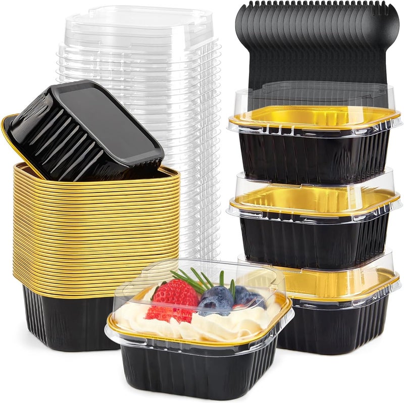 KAHEIGN 50Pcs Mini Cake Baking Cups with Lids and Spoons 150ml Square Aluminum Foil Baking Pans Small Loaf Boxes Tart Pie Cake Containers for Bread Dessert Wedding Birthday Picnic Party Black Gold