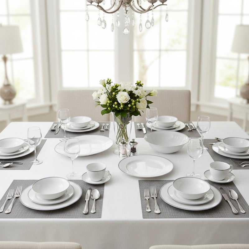 Shallow ARIA White 32-Pc Bone China Dinnerware Set|Plates, Bowls, Cups Modern Kitchen Dinner Set|Microwave & Dishwasher Safe for any occasion Ramdan, Eid, Perfect for 6 Persons - Image 2