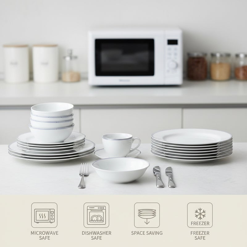 Shallow ARIA White 32-Pc Bone China Dinnerware Set|Plates, Bowls, Cups Modern Kitchen Dinner Set|Microwave & Dishwasher Safe for any occasion Ramdan, Eid, Perfect for 6 Persons - Image 3