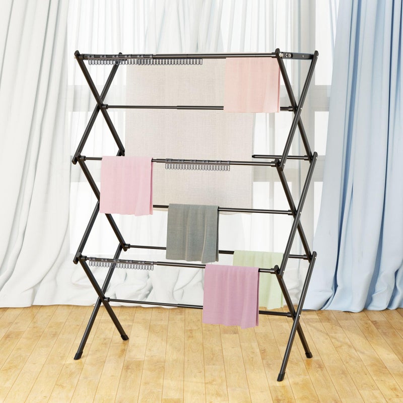 Rbitroise 3 Tier Clothes Drying Rack, Foldable Drying Rack Clothing,Indoor & Outdoor Laundry Rack for Drying Clothes,Space-Saving Design, Metal Collapsible Dryer Racks for Laundry,Pure Black - Image 2
