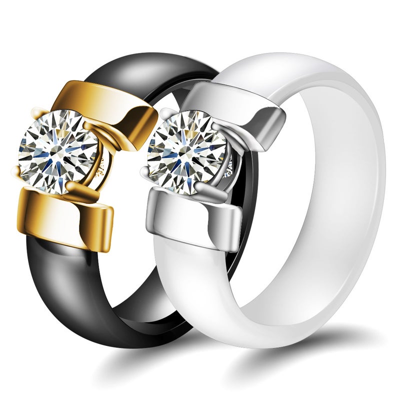 NIBASTAR 6mm Ceramic Couple Ring Set - Minimalist Black & White with Cubic  Zirconia - Image 2