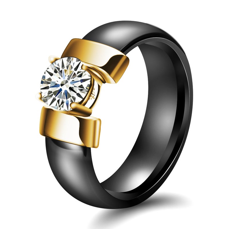 NIBASTAR 6mm Ceramic Couple Ring Set - Minimalist Black & White with Cubic  Zirconia - Image 4