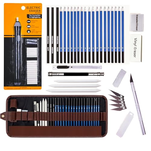 Corslet 31 Pcs Professional Drawing Pencil Set – 29 Pc Art Supplies Kit with Graphite, Charcoal, Sketch Pencils, Erasers, & Engraving Craft Pen Knife with Mechanical Eraser Blending Tools for Artists - Image 1