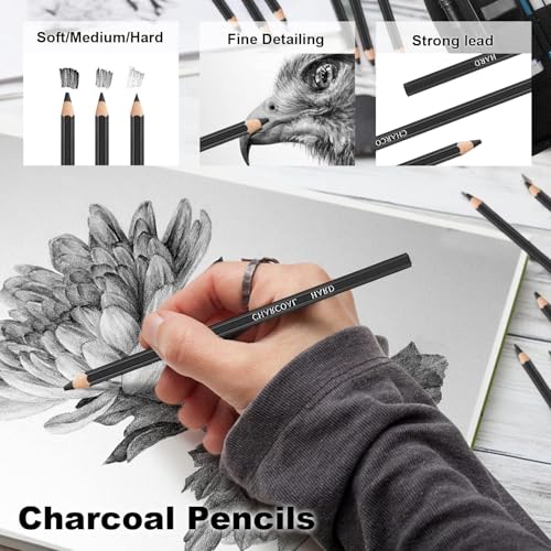 Corslet 31 Pcs Professional Drawing Pencil Set – 29 Pc Art Supplies Kit with Graphite, Charcoal, Sketch Pencils, Erasers, & Engraving Craft Pen Knife with Mechanical Eraser Blending Tools for Artists - Image 4