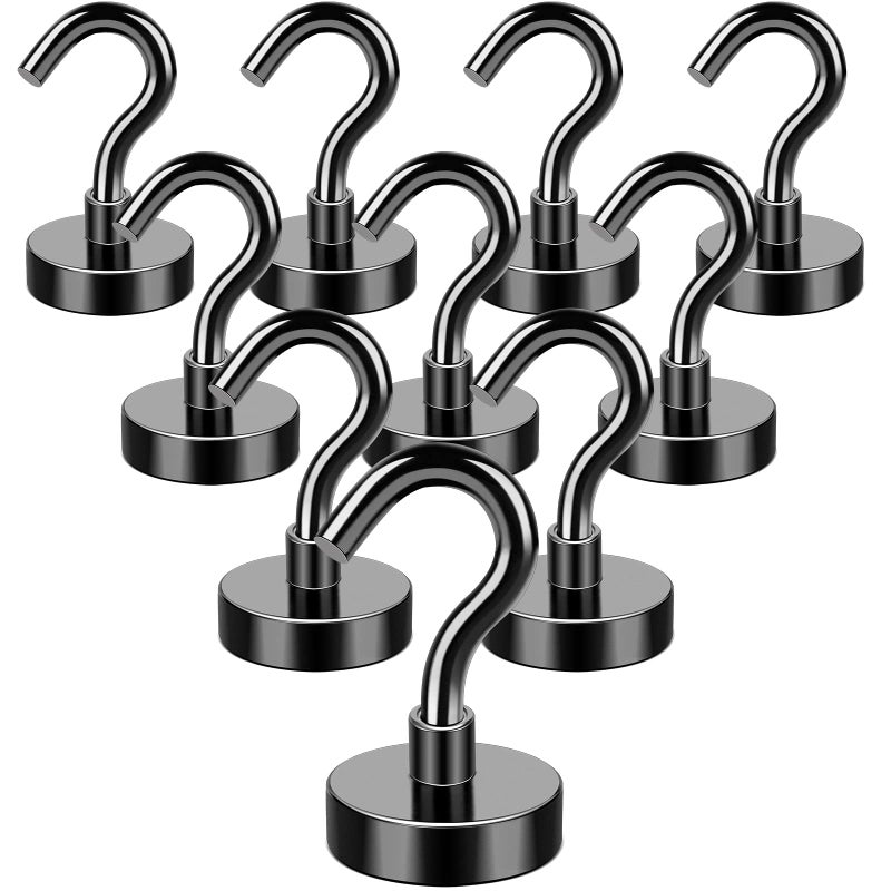 MIKEDE Black Magnetic Hooks 28Lbs Strong Magnets with Metal Hooks for Refrigerator Super Cruise Hooks for Hanging Magnetic Hanger for Cruise Ship Kitchen Workplace Storage Pack of 10