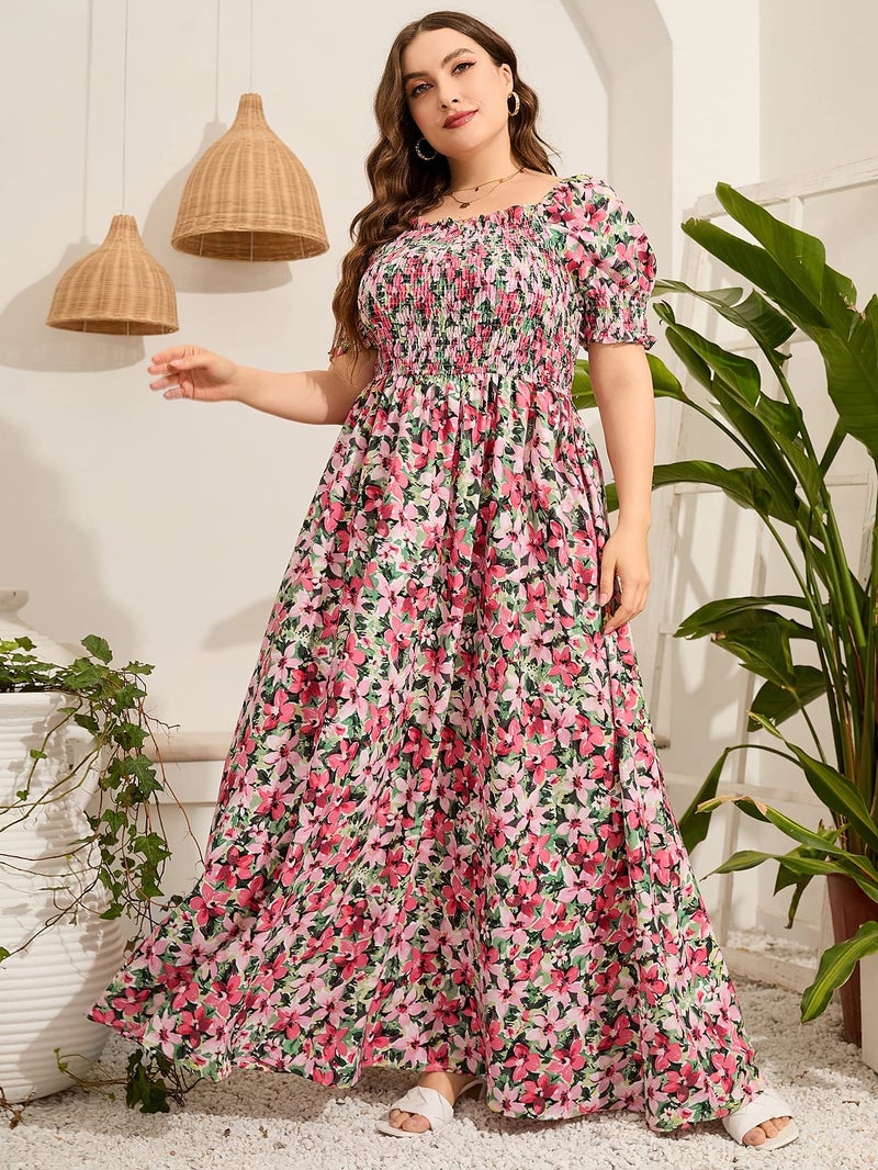 MakeMeChic Women's Plus Size Boho Floral Maxi Dress Curvy Short Sleeve Shirred Squared Neck Flomal Long Dress Multicolored 2XL - Image 5