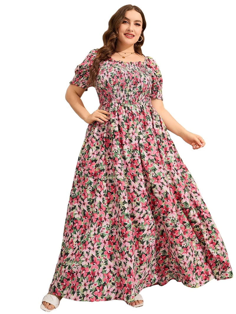 MakeMeChic Women's Plus Size Boho Floral Maxi Dress Curvy Short Sleeve Shirred Squared Neck Flomal Long Dress Multicolored 2XL - Image 1